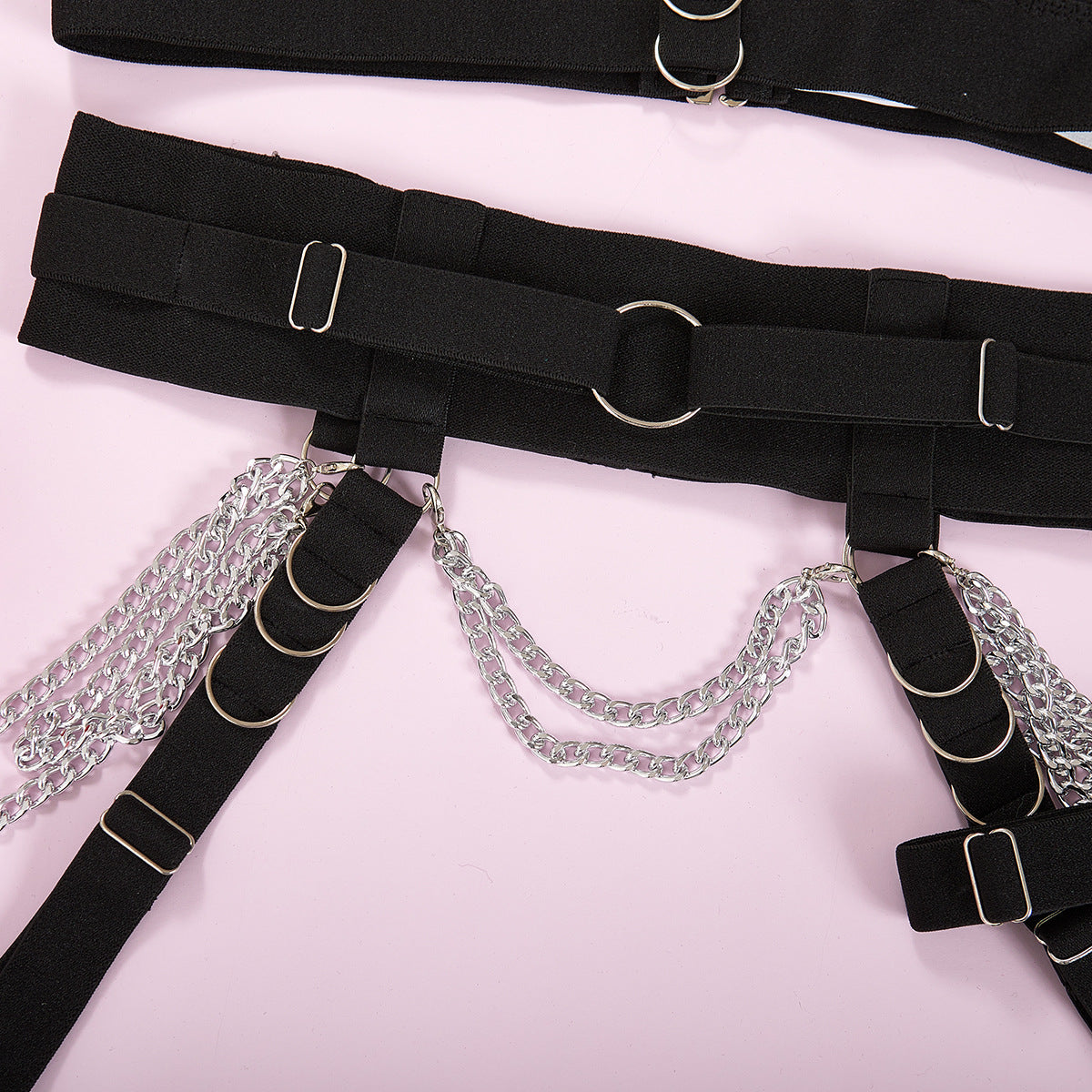 Ensemble lingerie sexy noir harnais trois pièces avec chaînes Koenigs